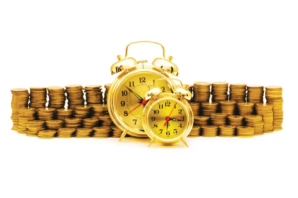 Tiempo Concepto Dinero Con Reloj Monedas — Foto de Stock