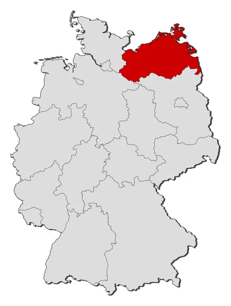 メクレンブルク フォアポンメルン州が強調されているいくつかの州とドイツの政治地図 — ストック写真