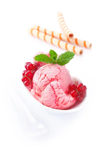 在一个用新鲜水果和薄荷叶装饰的白色瓷碗中享用美味的红醋栗冰淇淋 关于冰淇淋的概念 请看我的投资组合 — 图库照片