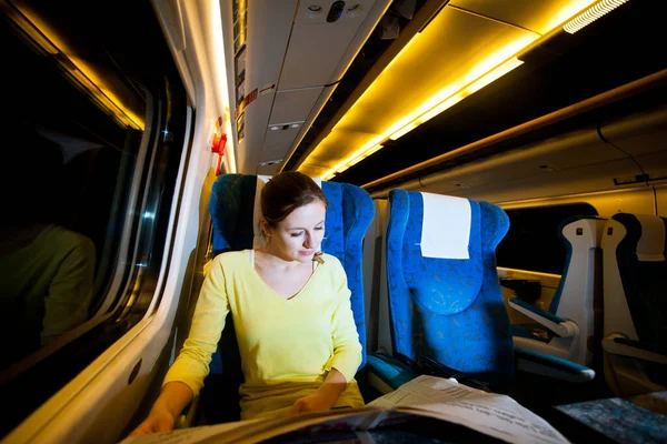 Young Woman Traveling Train Night — Stock Photo, Image