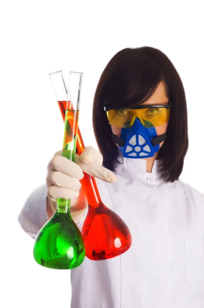 Женщина Химическими Трубками Лаборатории Белом — стоковое фото