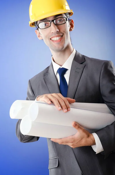 Young Architect Drawings Hardhat — Stock Photo, Image