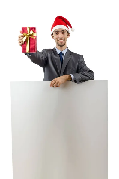 Geschäftsmann Mit Weihnachtsmütze Und Leerer Botschaft — Stockfoto