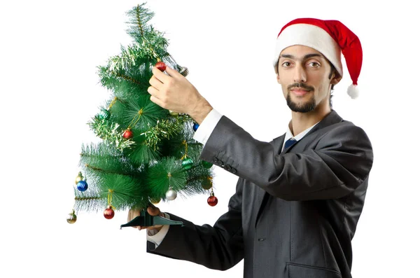 Geschäftsmann Mit Weihnachtsbaum Auf Weiß — Stockfoto