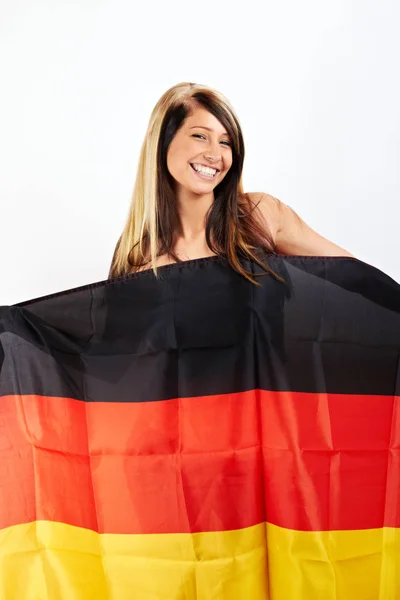 Блондинка Усміхнена Дівчина Німецьким Прапором — стокове фото
