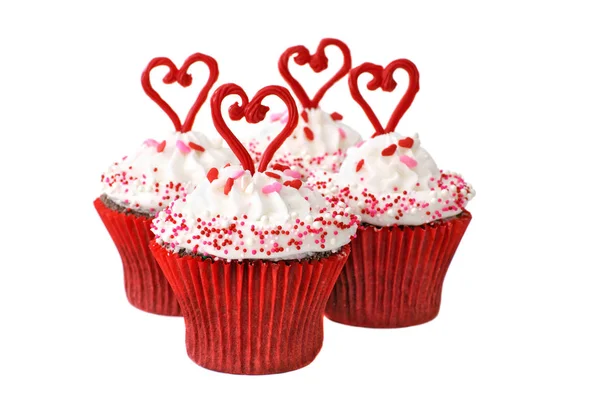 Schokolade Cupcakes Mit Vanille Zuckerguss Zum Valentinstag Dekoriert — Stockfoto