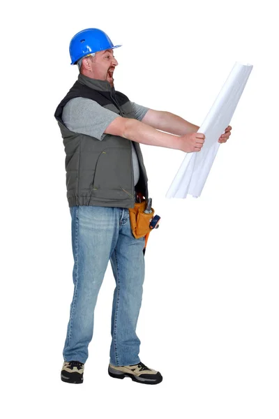 Pria Dengan Clipboard Dan Cetak Biru — Stok Foto