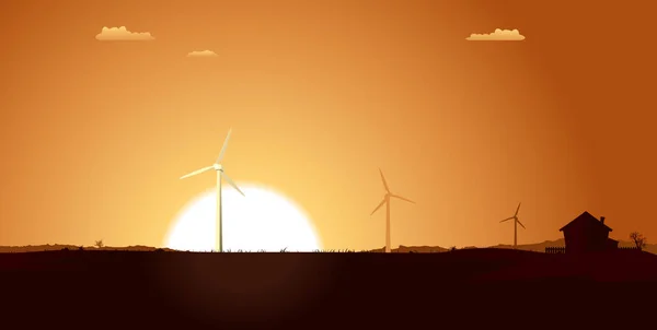 Ilustración Los Equipos Molinos Viento Amanecer Con Una Casa Amanecer — Foto de Stock