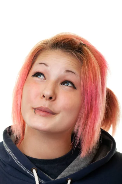 Blick Nach Oben Teenager Mit Roten Haaren Vor Weißem Hintergrund — Stockfoto