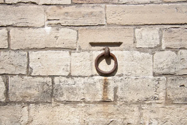 Limestone Brick Wall Old Iron Ring — стоковое фото