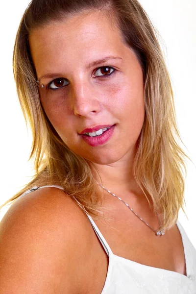 Jeune Femme Blonde Sur Fond Blanc Prise Vue Studio Adobe — Photo