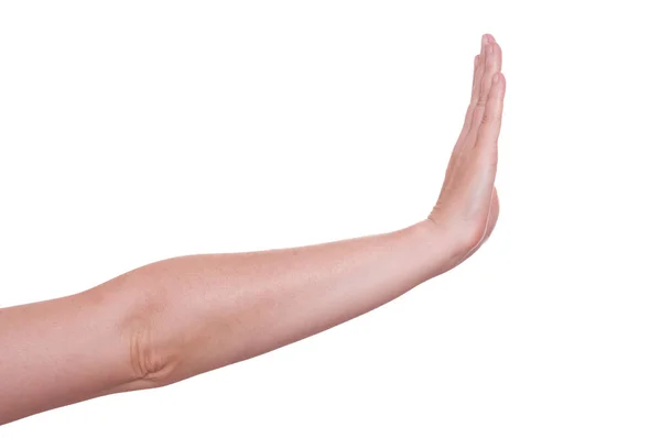 Λευκό Απομονωμένο Δεξί Χέρι Κάνει Σημάδι Του Στοπ — Φωτογραφία Αρχείου