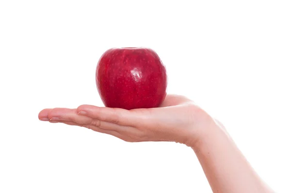 Białe Odizolowane Czerwone Jabłko Jednej Ręce — Zdjęcie stockowe