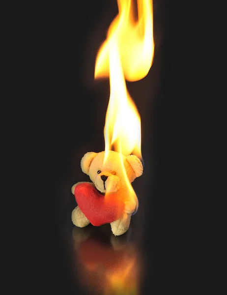 以心脏的形式燃烧着的火 — 图库照片