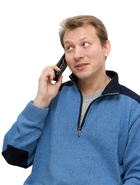 Homme Pull Bleu Parle Téléphone Sur Fond Blanc — Photo