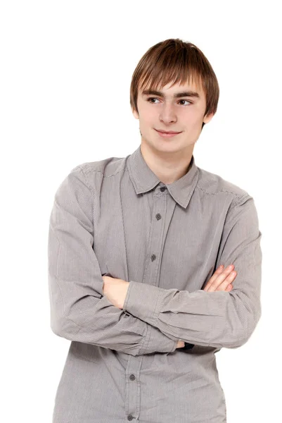 Retrato Hombres Jóvenes Con Camisa Rayas Sobre Fondo Blanco — Foto de Stock