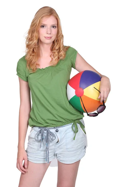 Young Woman Holding Beach Ball — Stock Photo, Image