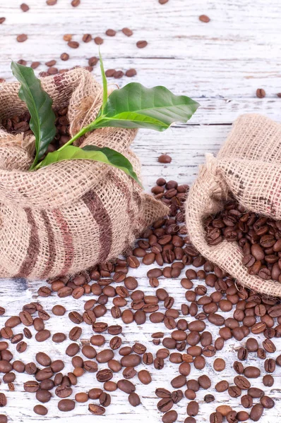 Coffee Beans Bag Wooden Background — Stock Photo, Image