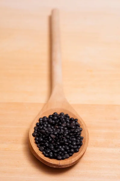 Black Beluga Lentils Cooking Spoon — Stock Photo, Image