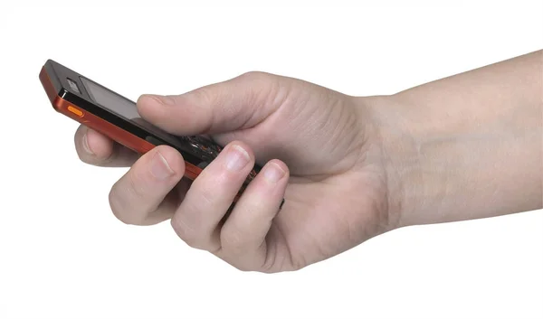 Estúdio Fotografia Uma Mão Segurando Telefone Móvel Branco Volta — Fotografia de Stock