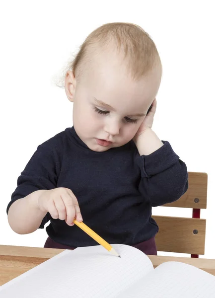 Kleines Kind Arbeitet Schreibtisch Hellen Hintergrund — Stockfoto