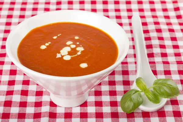 白格子桌布上的白碗西红柿汤 — 图库照片