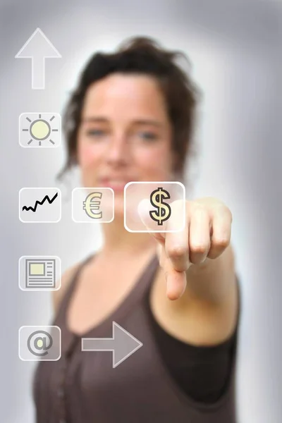 Young Woman Pointing Digital Interface Dollar Sign — Stockfoto