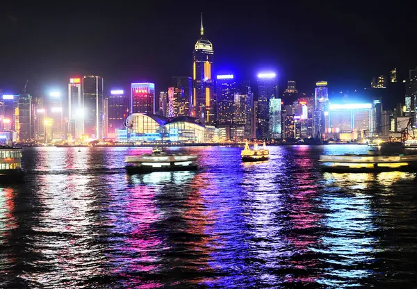 Hong Kong Baai Nachts Lange Blootstelling — Stockfoto