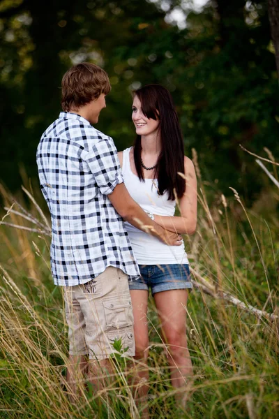 Young Loving Couple Happy Meadow Outdoors — Stockfoto