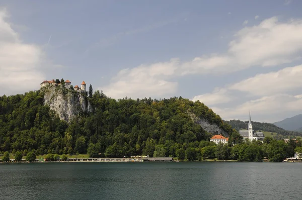 슬로베니아 호수에 교회가 흘리며 — 스톡 사진
