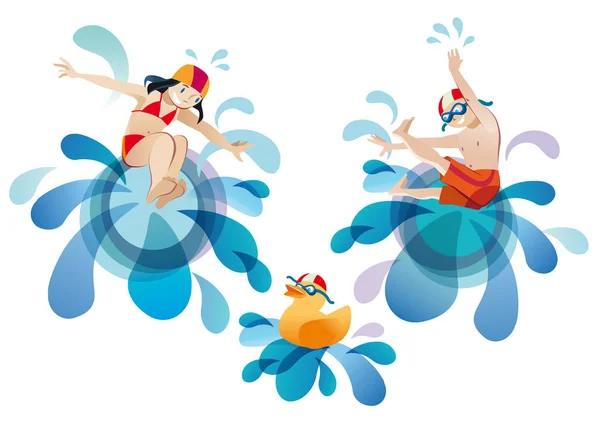 Kleines Mädchen Und Kleiner Junge Springen Einen Pool — Stockfoto