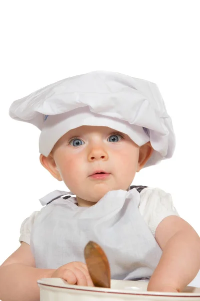 Förtjusande Baby Kockar Hatt Leka Med Träslev Och Skål Med — Stockfoto