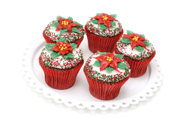 Chocolate Cupcakes Decorated Poinsettias — Stock Photo, Image