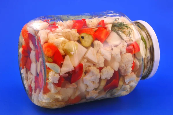 Bank Pickles Peppers Bulgarian Cauliflower Cucumbers Lying Its Side — Stock Photo, Image