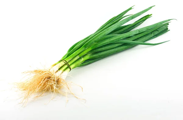 Ein Bund Grüner Zwiebeln Auf Dem Tisch Vor Weißem Hintergrund — Stockfoto