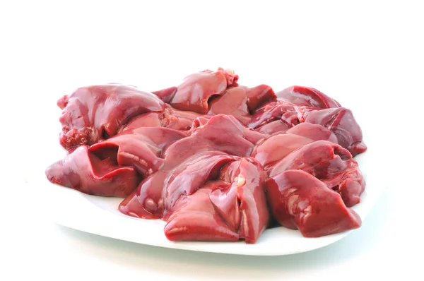 Fresh Raw Chicken Liver Lies Plate White Background — Stock Photo, Image