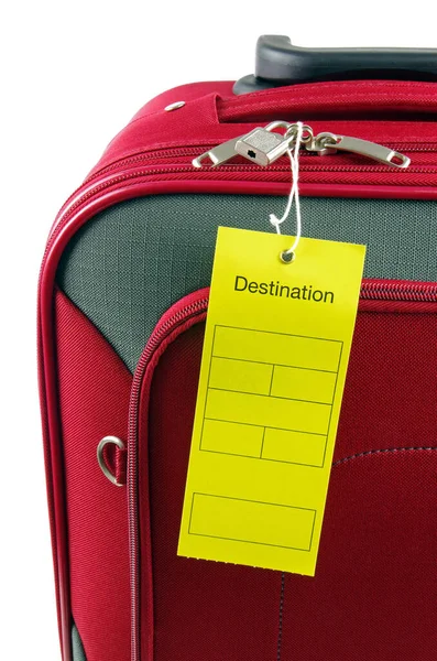 Bolsa Viaje Roja Vacaciones Con Una Etiqueta Información Amarilla — Foto de Stock