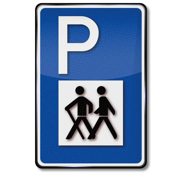 Znak Drogowy Turysta Szlak Turystyczny Parking — Zdjęcie stockowe