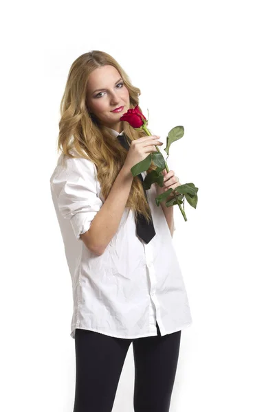 Ragazza Con Rosa San Valentino Sfondo Bianco — Foto Stock