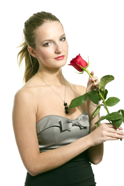 Κορίτσι Τριαντάφυλλο Την Ημέρα Του Αγίου Βαλεντίνου Λευκό Φόντο — Φωτογραφία Αρχείου