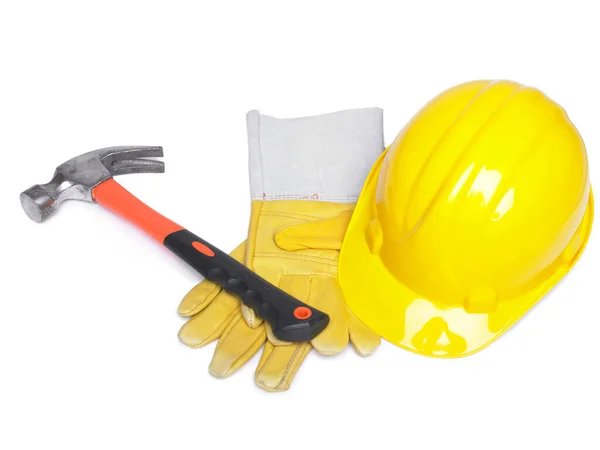 Martillo Casco Duro Guantes Cuero Blanco — Foto de Stock