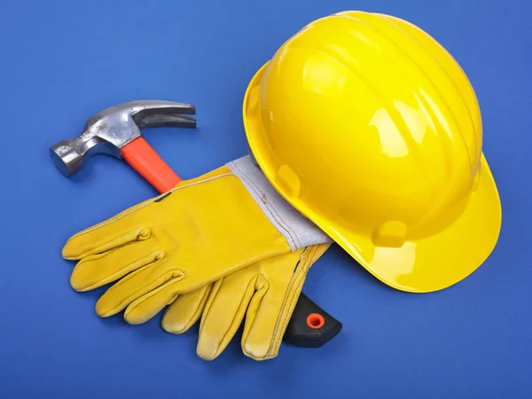 Sprzęt Roboczy Hardhat Hammer Leather Gloves Blue — Zdjęcie stockowe