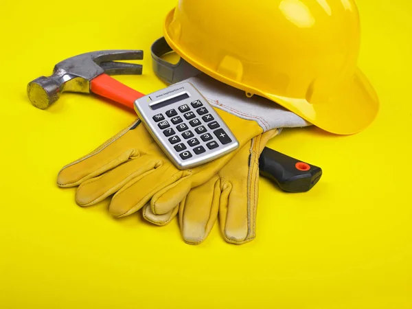 Listo Fgor Sitio Construcción Hardhat Martillo Guantes Calculadora — Foto de Stock