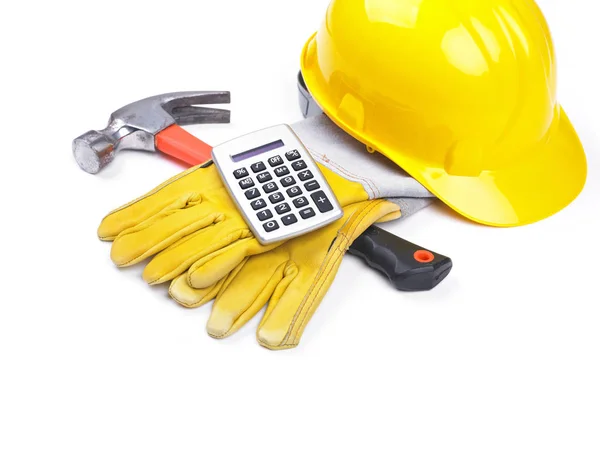 Калькулятор Перчаток Hardhat Hammer Calculator Белом — стоковое фото