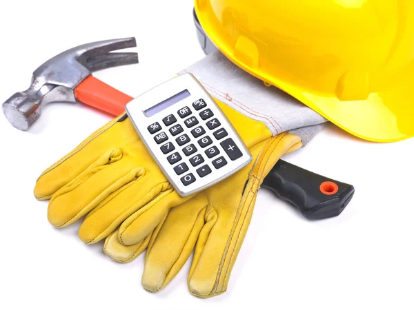 Калькулятор Перчаток Hardhat Hammer Calculator Белом — стоковое фото