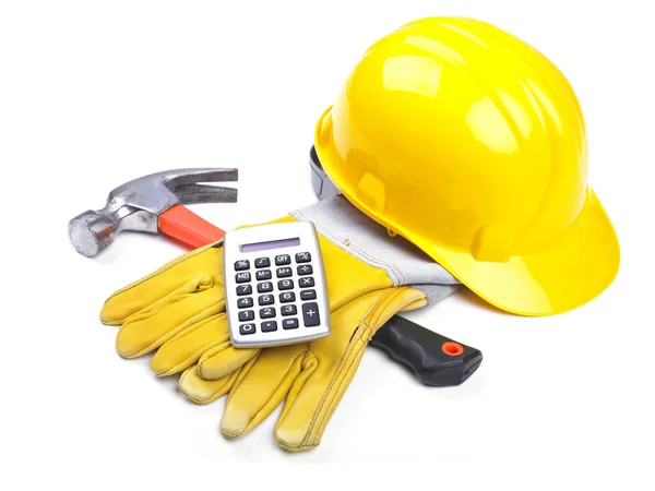 Ready Fgor Building Site Hardhat Hammer Gloves Calculator White — Stock Photo, Image