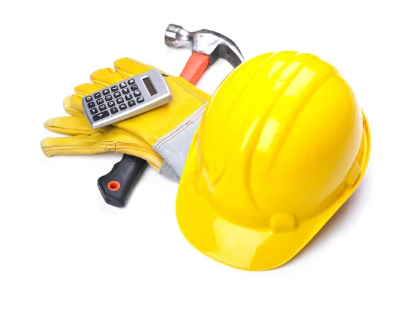 Ready Fgor Building Site Hardhat Hammer Gloves Calculator White — Stock Photo, Image