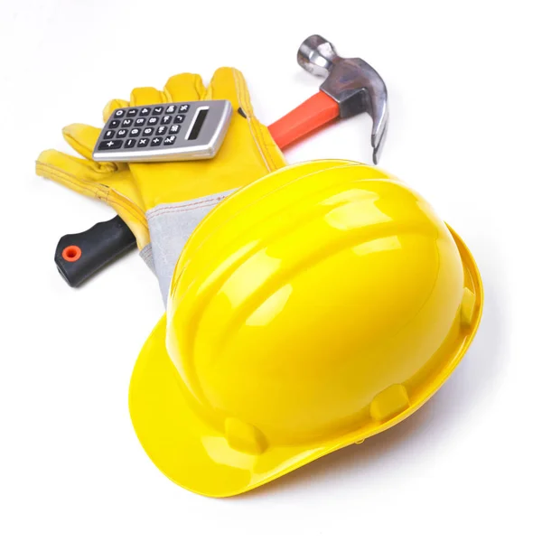 Калькулятор Перчаток Hardhat Hammer Calculator Белом — стоковое фото