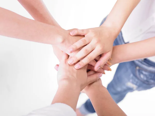 Equipe Negócios Juntar Mãos Sobre Fundo Branco — Fotografia de Stock