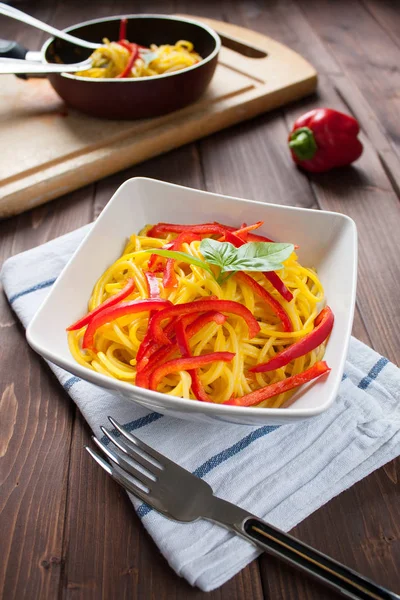 Pasta Spaghetti Saffron Capsicum Vegetarian Cuisine Stock Photo